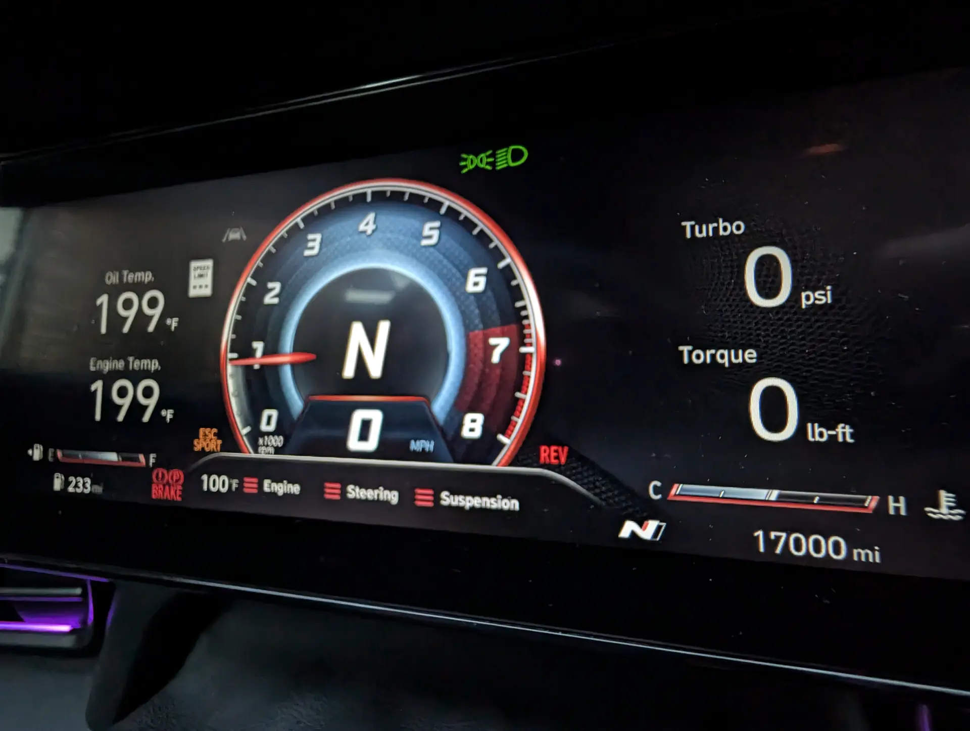 Elantra N instrument cluster showing exactly 17,000 miles